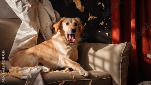 Golden retriever looks guilty beside torn couch photo