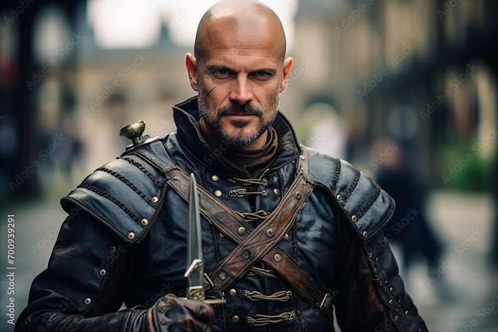 Portrait of a brutal man with a sword in his hands. Portrait of a brutal man with a sword in his hands.
