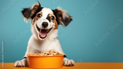 Dog food studio shot. dog food and Dog near its bowl full of food