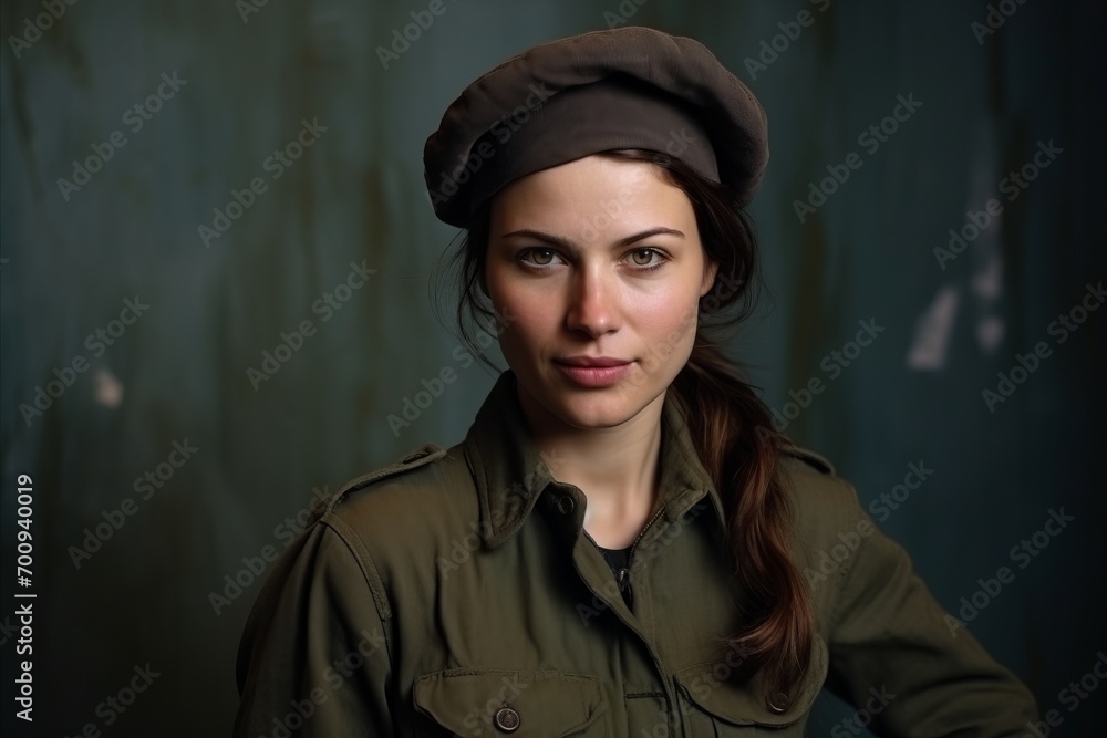 View of a beautiful girl in military uniform on a green background. View of a beautiful girl in military uniform on a green background.