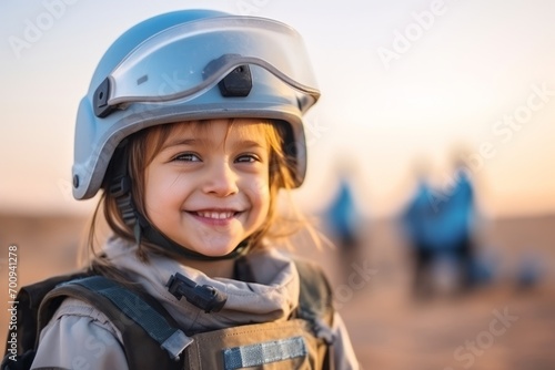 Portrait of a cute little girl wearing helmet outdoors at sunset.