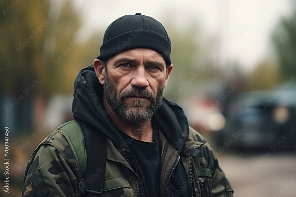 Portrait of a homeless man in a cap on the street.