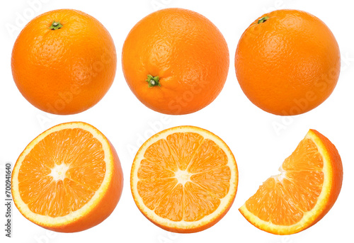 Orange fruit, half and slices isolated, Orange fruit macro studio photo, transparent PNG, collection, PNG format, cut out.