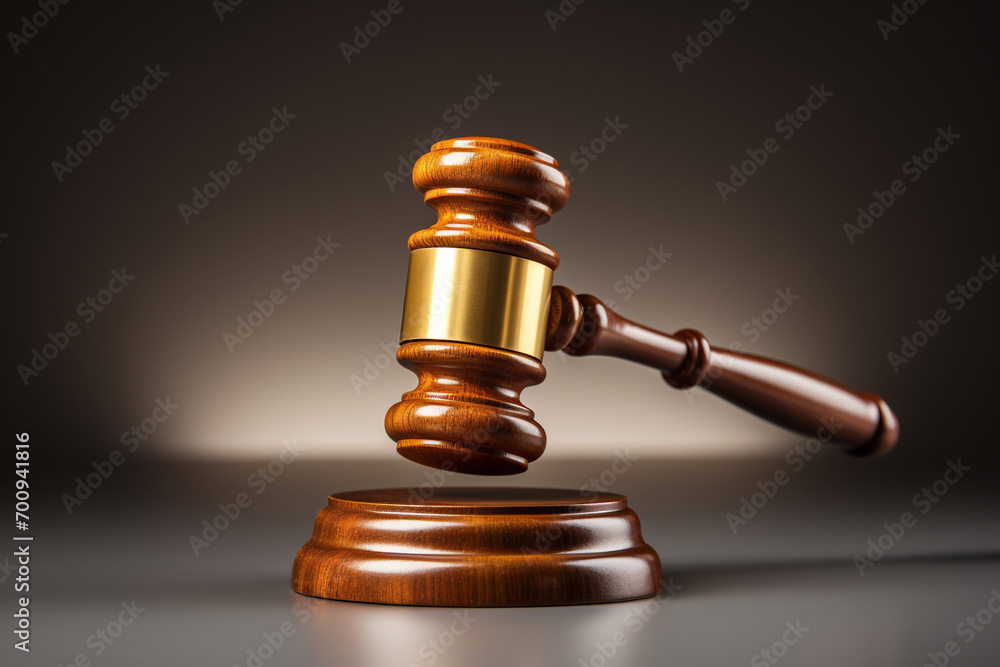 Studio photo of a judge's gavel on a gray background. Law and law concept. Generated by artificial intelligence