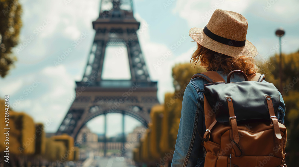 Back view of Female tourist with hat and backpack looking at eiffel tower in Paris. Wanderlust concept. - obrazy, fototapety, plakaty 