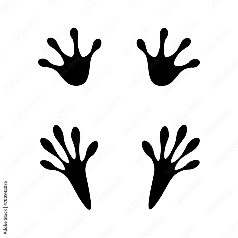 Frog footprints on a white background. Vector silhouette of a jumping frog's legs. Amphibian animal. Frog footprints on a white background. Vector silhouette of a jumping frog's legs. Amphibian animal.