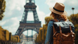 Back view of Female tourist with hat and backpack looking at eiffel tower in Paris. Wanderlust concept.