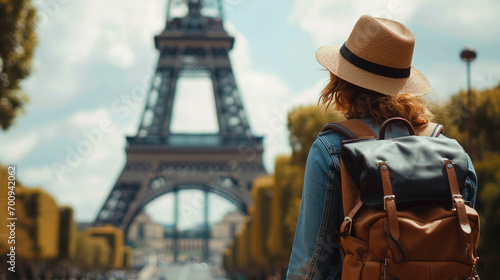 Back view of Female tourist with hat and backpack looking at eiffel tower in Paris. Wanderlust concept.
