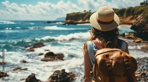 Back view of Female tourist with hat and backpack at the beach and sea side. Wanderlust concept. photo