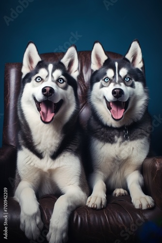 Two Huskies enjoying relaxation on a leather couch
