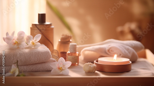 Beautiful spa composition on massage table in wellness center