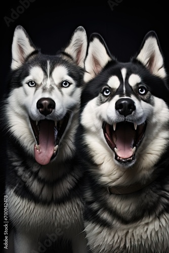Portrait of two Siberian Huskies with vibrant expressions