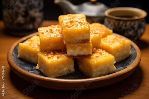 Close-up of a plate of yellow cheese cubes. © Rudsaphon