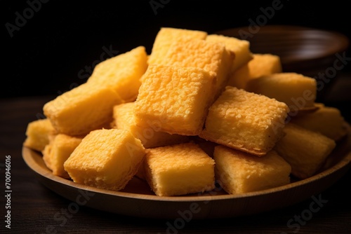 Close-up of a plate of yellow cheese cubes.