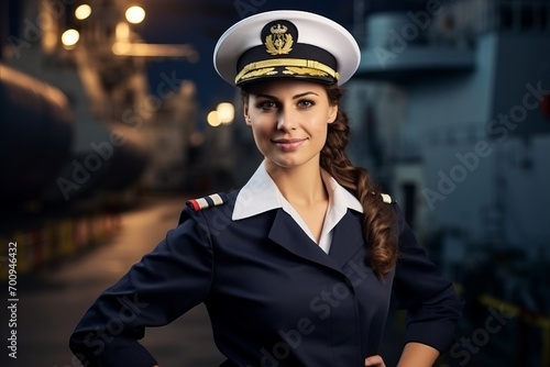 portrait of a beautiful stewardess in a shipyard at night