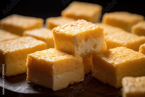 Close-up of a plate of yellow cheese cubes.