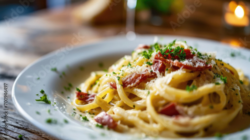 Top down view of a pasta carbonara  grated cheese  herbs and meat