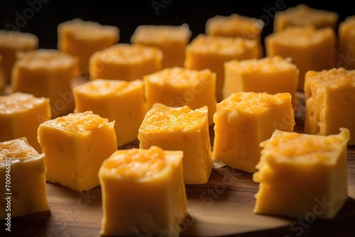 Close-up of a plate of yellow cheese cubes.