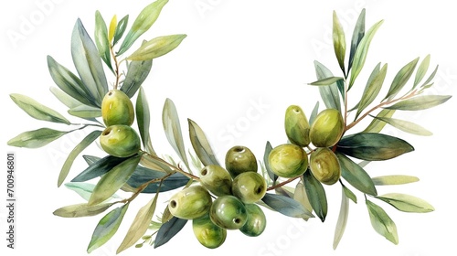 Watercolor Olive Wreath with Green Olives Isolated Culinary Artistry