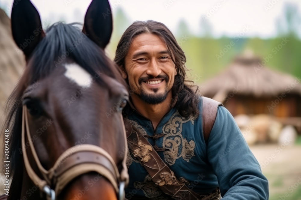 Portrait of a handsome man in a medieval costume with a horse Portrait of a handsome man in a medieval costume with a horse