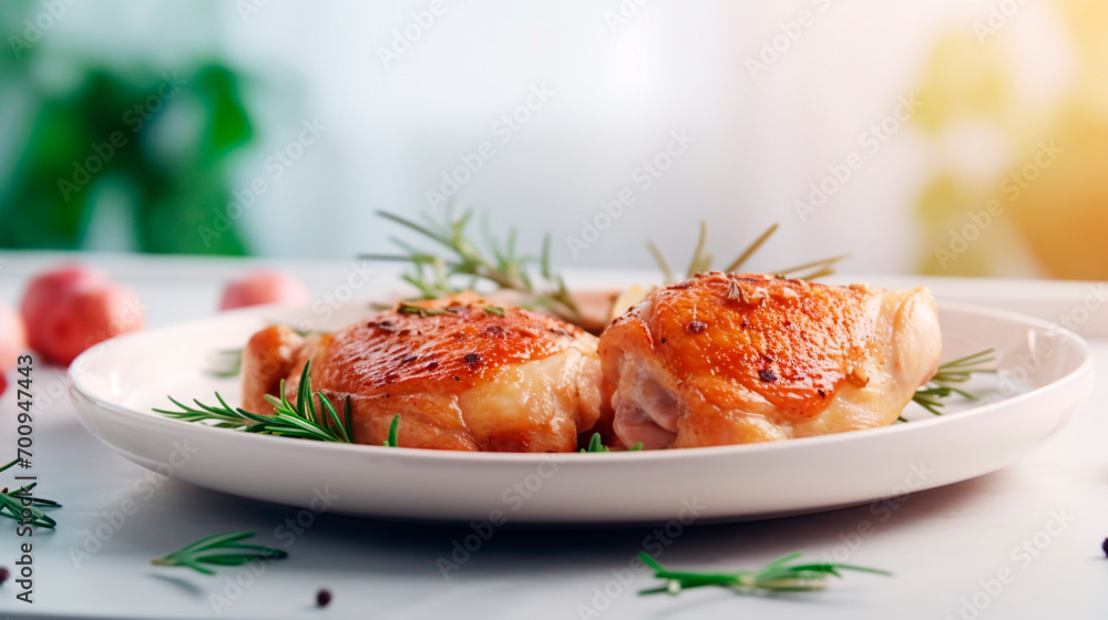 Fried chicken legs in a white plate on a light culinary background. Fried chicken legs in a white plate on a light culinary background.