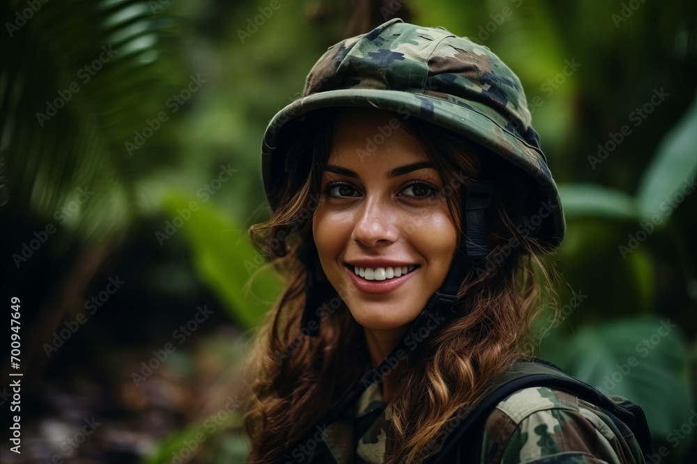 Portrait of a beautiful young woman in camouflage with a jungle background Portrait of a beautiful young woman in camouflage with a jungle background