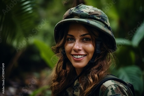 Portrait of a beautiful young woman in camouflage with a jungle background