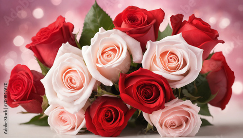 A bouquet of vibrant red and pink roses stands out against a soft pastel pink background  adding a touch of romance.