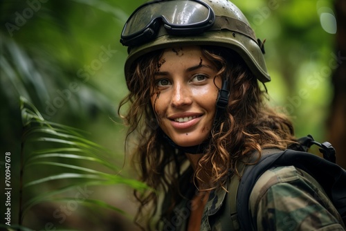 Portrait of a beautiful young woman in a military helmet with a backpack.