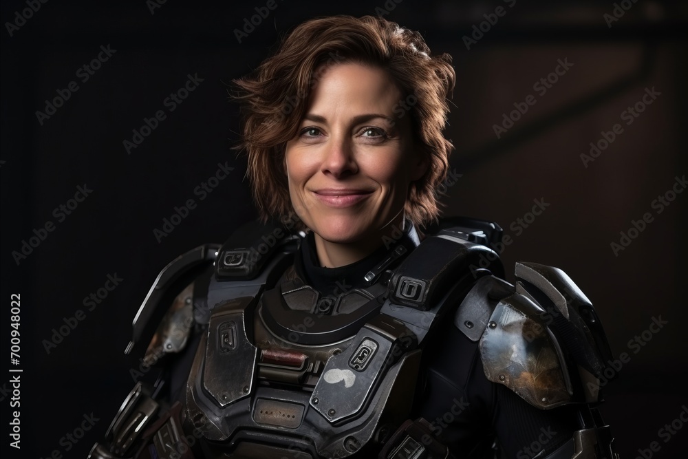 Portrait of a female cosplayer wearing a suit of armour and armor Portrait of a female cosplayer wearing a suit of armour and armor