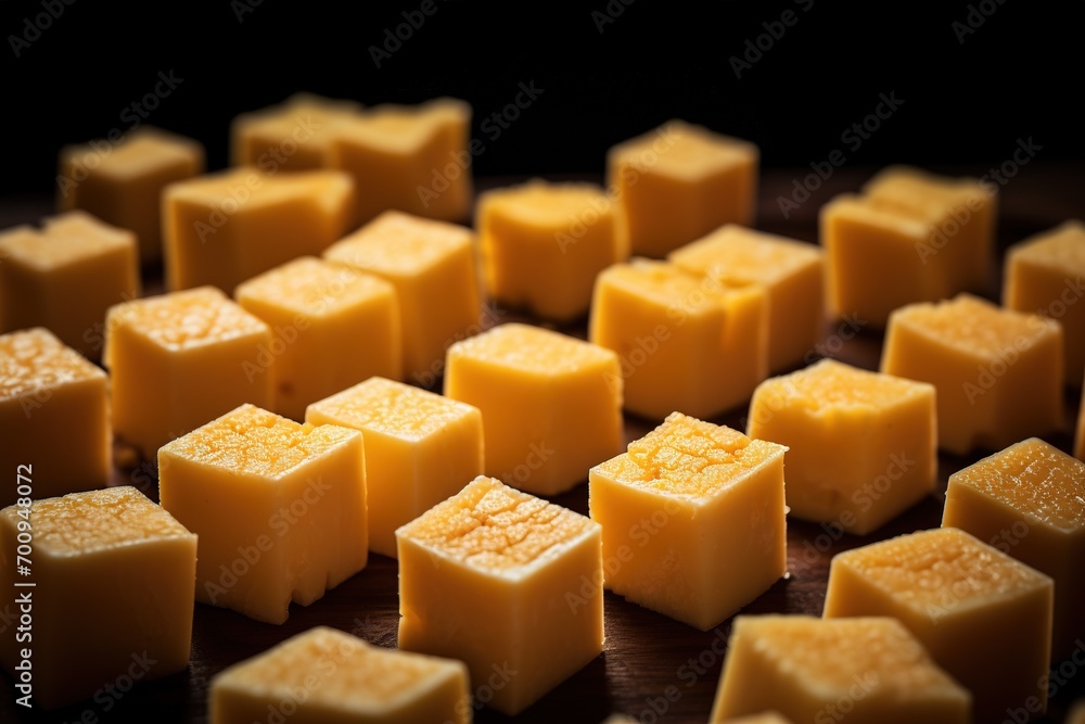 Close-up of a plate of yellow cheese cubes. Close-up of a plate of yellow cheese cubes.