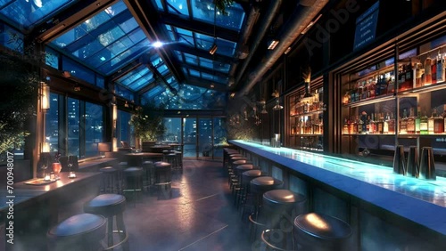 Bar House with beautiful glass roof in the night, loop video background animation, cartoon anime style, for vtuber / streamer backdrop photo