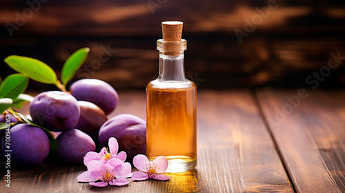 Wallpaper Mural bottle of plum essential oil on a wooden background Torontodigital.ca
