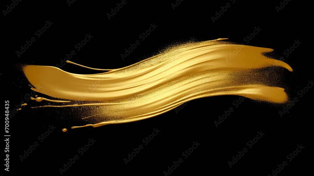 Beautiful textured golden brush stroke on black background. Luxurious and shiny gold paint stroke. - obrazy, fototapety, plakaty 