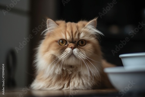 Portrait of a cute cat looking away. Highland fold cat breed © spyrakot