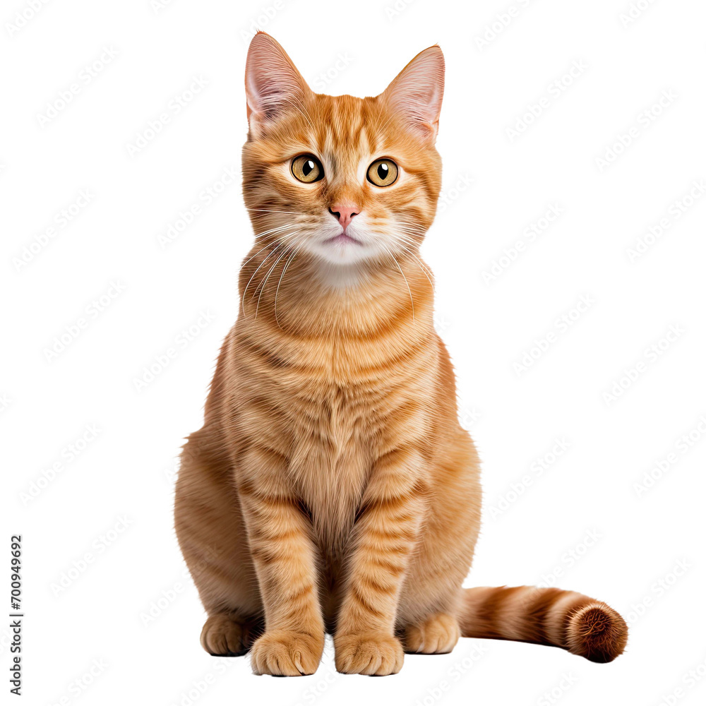 Cute ginger cat sitting and looking at the camera ,isolated on white background.