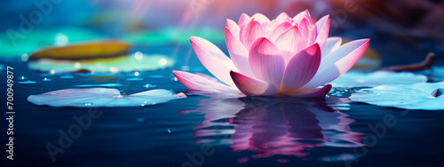 a brightly blooming water lotus growing among lush green leaves on a tranquil pond