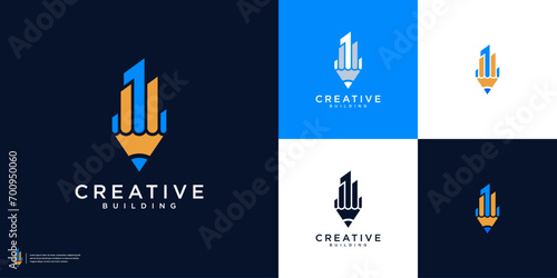 Creative building logo design vector template, Combination pencil and building logo. photo