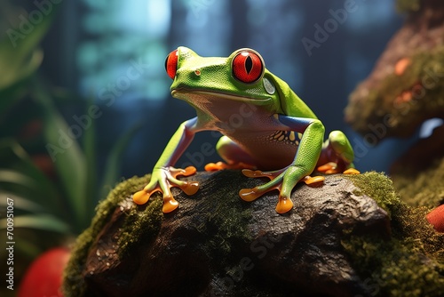 Green tree frog with red eyes on stone 