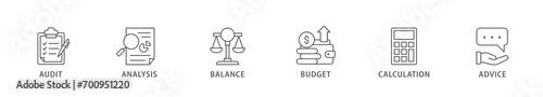 Accounting banner web icon vector illustration concept for business and finance with an icon of the audit, analysis, balance, budget, calculation, and advice
