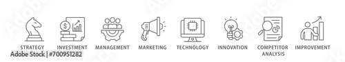 Business development banner web icon vector illustration concept with icon of strategy, investment, management, marketing, technology, innovation, competitor analysis, improvement