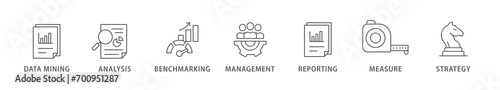 Business intelligence banner web icon vector illustration concept with icon of data mining, analysis, benchmarking, management, reporting, measure, and strategy
