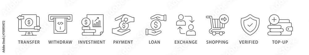 Mobile banking banner web icon vector illustration concept with icon of transfer, withdraw, investment, payment, loan, exchange, shopping, verified and top-up Mobile banking banner web icon vector illustration concept with icon of transfer, withdraw, investment, payment, loan, exchange, shopping, verified and top-up