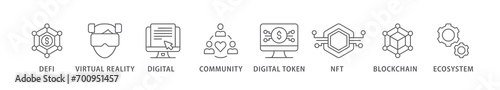 Metaverse banner web icon vector illustration concept with icon of defi, virtual reality, digital asset, community, digital token, nft, blockchain and ecosystem