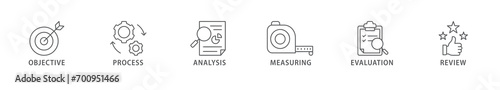 Monitoring banner web icon vector illustration concept with icon of objective, process, analysis, measuring, evaluation and review