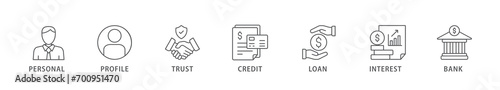 Microcredit banner web icon vector illustration concept with icon of personal, profile, trust, credit, loan, interest and bank