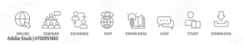 E-learning banner web icon vector illustration concept with icon of online, seminar, exchange, voip, knowledge, chat, study and download