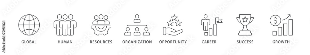 Management banner web icon vector illustration concept with icon of global, human resources, organization, opportunity, career, success and growth Management banner web icon vector illustration concept with icon of global, human resources, organization, opportunity, career, success and growth