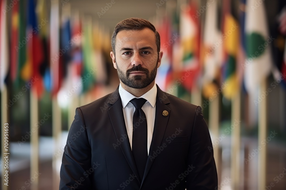 Portrait of a confident businessman with the flags of the world in the background Portrait of a confident businessman with the flags of the world in the background