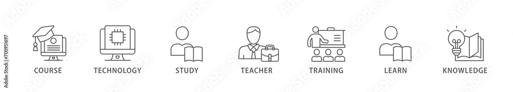 Online education banner web icon vector illustration concept with icon of course, technology, study, teacher, training, learn and knowledge Online education banner web icon vector illustration concept with icon of course, technology, study, teacher, training, learn and knowledge
